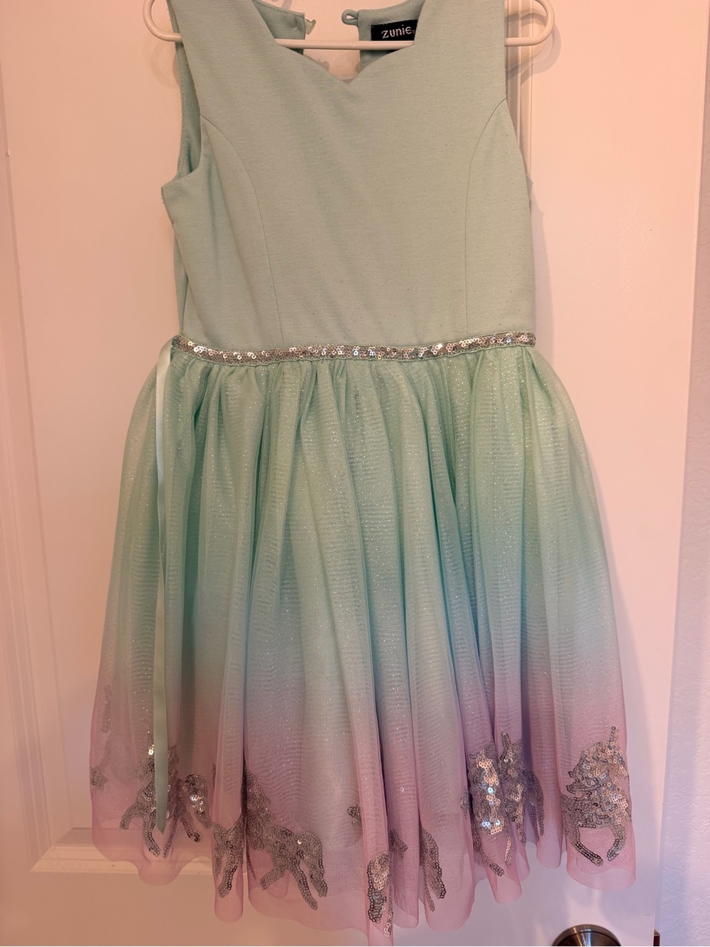 Zunie Mint to Pink Ombre Tulle Dress with Silver Sequin Trim